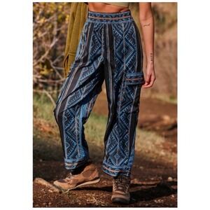 FP Movement Blue Visionary Boho Print Cargo Pants Womens Loose Fit Blue
